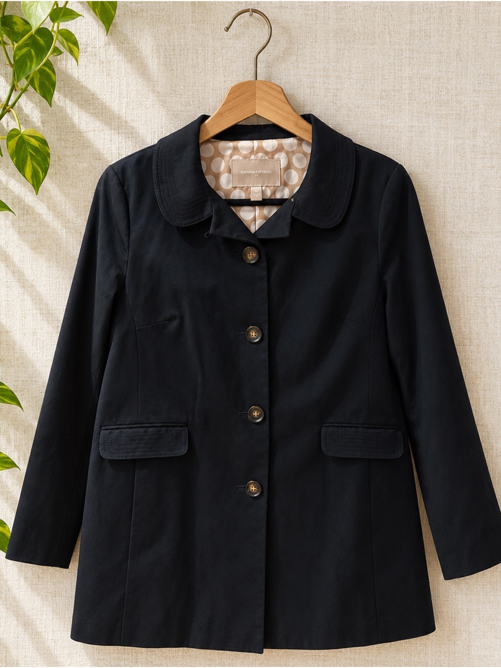 Banana Republic Black Trench Pea Coat Polka Dot Lined Jacket Peter Pan Collar M
